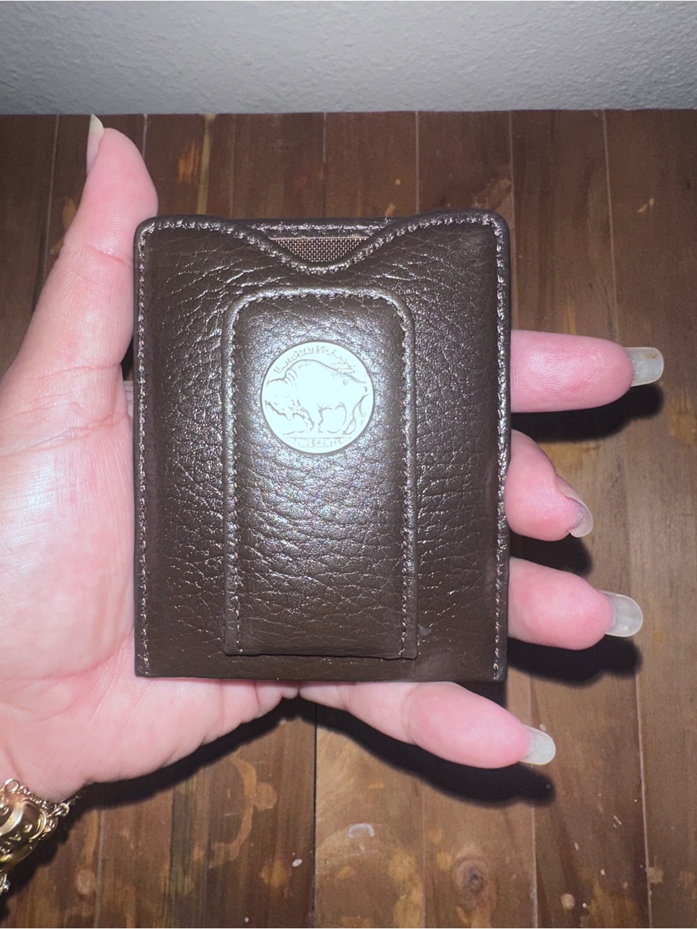 Classic Brown Leather Money Clip Wallet with Coin Emblem